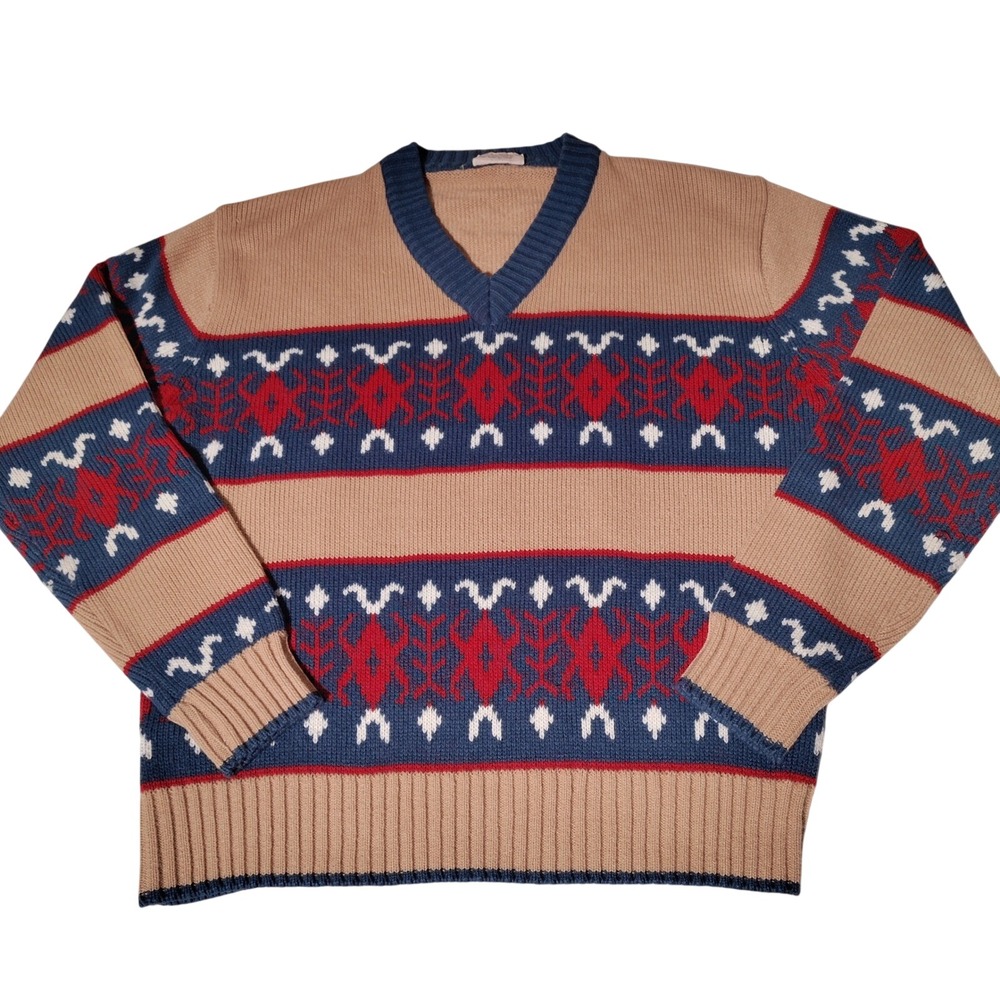 Vintage Montgomery Ward Mens XL V-Neck Acrylic Knit Geometric Sweater Tan Blue